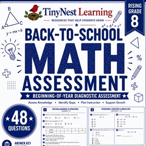 May include: A white educational worksheet titled Rising Grade 8 Back-to-School Math Assessment by TinyNest Learning. The page features 48 math questions covering rational numbers, expressions, geometry, and statistics with icons and text.