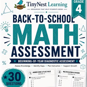 Peut inclure: Un document d'évaluation de mathématiques de 4e année pour la rentrée scolaire par TinyNest Learning. La page blanche présente du texte bleu foncé, des icônes mathématiques et des exemples de questions sur le sens des nombres et la géométrie.