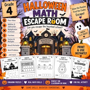 Puede incluir: Un conjunto de hojas de actividades de Halloween Math Escape Room para cuarto grado con una ilustración de una escuela embrujada, categorías de problemas matemáticos y páginas de rompecabezas imprimibles con pistas, incluyendo el texto 'MATH IS A TREAT!'