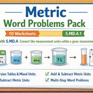 May include: Educational worksheet pack titled "Metric Word Problems" with 10 worksheets. The image shows metric conversion examples, including addition and subtraction of millilitres and litres. A conversion table is also included.