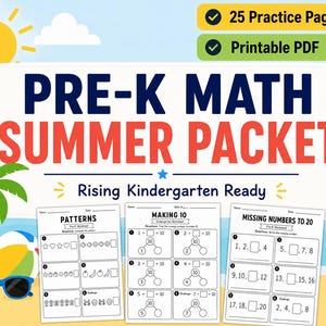 Op de afbeelding: Een Pre-K wiskunde zomerpakket met 25 oefenpagina's in een printbaar PDF-formaat. De afbeelding bevat een zon, palmboom, strandbal en zonnebril, met werkbladen over patronen, het getal 10 en ontbrekende getallen tot 20 voor de kleuterschool.