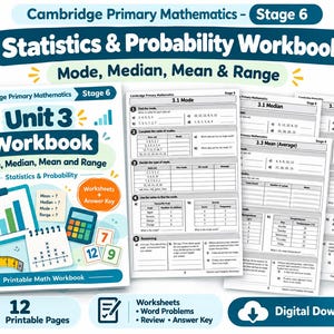 Op de afbeelding: Een Cambridge Primary Mathematics Stage 6 werkboek voor statistiek en kansberekening met 12 printbare pagina's. De omslag toont een staafdiagram, rekenmachine, meetlint en wiskundige opgaven. Inclusief werkbladen en een antwoordsleutel.