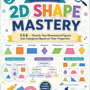 Puede incluir: Un póster educativo colorido para 5º grado, titulado "Dominio de las formas 2D". Presenta varias formas geométricas como triángulos, cuadrados y rombos, junto con diagramas para la clasificación y la ordenación.