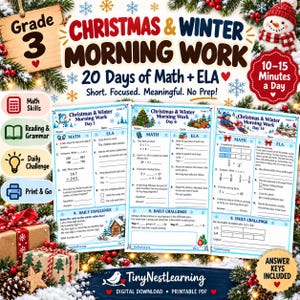 Może przedstawiać: Pakiet edukacyjny Grade 3 Christmas and Winter Morning Work zawierający 20 dni ćwiczeń z matematyki i języka angielskiego. Zawiera trzy przykładowe arkusze na dni 1, 6 i 14 z zadaniami, czytaniem i wyzwaniami.