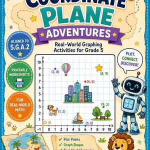 Puede incluir: Un póster educativo colorido titulado "Coordinate Plane Adventures" para 5º grado. Presenta una cuadrícula de coordenadas con puntos trazados, formas y una ilustración de paisaje urbano. Incluye un cohete, brújula, cofre del tesoro y un robot.