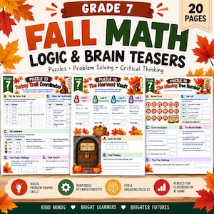 Höstmattepussel för årskurs 7 | Hjärngymnastik och matteutmaningar för hösten | Matematikarbetsblad för årskurs 7 | Höstaktiviteter utskrivbara i PDF-format