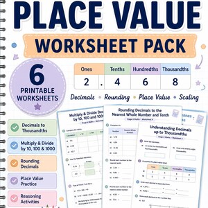 May include: An educational worksheet pack for Stage 6 Maths, focusing on place value. The image features the title "PLACE VALUE WORKSHEET PACK" with the Cambridge logo. Includes printable worksheets on decimals, rounding, and scaling. A stack of books and pencils are also visible.