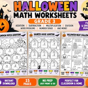 Op de afbeelding: Een set van 15 Halloween-thema werkbladen voor wiskunde voor groep 5, met optellen, aftrekken, vermenigvuldigen en delen. De pagina's bevatten zwart-wit illustraties van pompoenen, spookhuizen en geesten met kleurcodes voor de opdrachten.