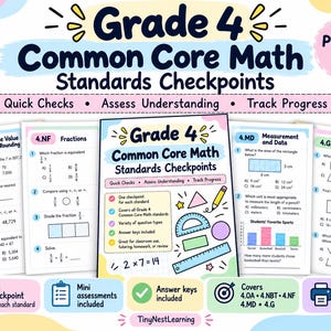 Puede incluir: Un conjunto de hojas de trabajo imprimibles en PDF para los estándares de matemáticas de cuarto grado Common Core. Las páginas incluyen problemas matemáticos sobre valor posicional, fracciones, medición, datos y geometría.