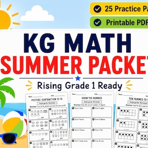 Può includere: Un set di schede didattiche KG Math Summer Packet con 25 pagine di esercizi in formato PDF stampabile. La copertina mostra un sole, una palma, un pallone da spiaggia e occhiali da sole con il testo KG MATH SUMMER PACKET Rising Grade 1 Ready.