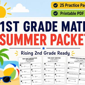 Può includere: Un pacchetto di esercizi di matematica per la prima elementare con 25 pagine stampabili in PDF. Il design include un sole, una palma, un pallone da spiaggia e occhiali da sole, con schede per addizioni e sottrazioni a due cifre.