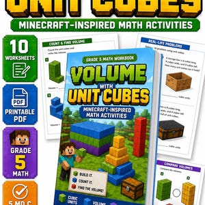 May include: A workbook titled "Volume with Unit Cubes" for Grade 5 math, featuring Minecraft-inspired activities. The cover displays colorful unit cubes and a Minecraft character. Includes worksheets, PDF, and focuses on counting, finding volume, and geometry.