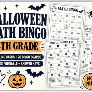 Halloween Matte Bingo 4:e klassrumslek, utskrivbart klassrumsspel, höstmatteöversyn, hemundervisningsaktivitet