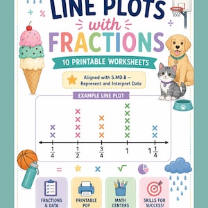 May include: A colorful educational worksheet for Grade 5 math, featuring line plots with fractions. The image includes an ice cream cone, a basketball, a dog, and a cat. Text includes "10 Printable Worksheets" and "Skills for Success!"