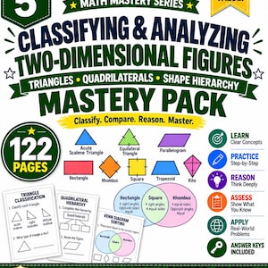 May include: A Grade 5 maths mastery pack for classifying and analysing two-dimensional figures. The educational resource includes 122 pages of worksheets covering triangles, quadrilaterals, and shape hierarchy, featuring diagrams, Venn diagrams, and answer keys.