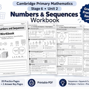 以下が含まれることがあります： Cambridge Primary Mathematics Stage 6 Unit 2 Numbers & Sequencesのワークブック。20ページの練習問題と2ページの解答キーが含まれる印刷可能なPDF形式です。ページには、数え方、数列、ベン図、因数に関する演習問題が記載されています。