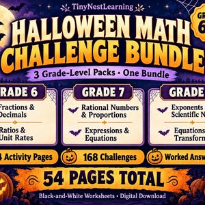 May include: A Halloween Math Challenge Bundle for grades 6-8 featuring 54 total pages of black-and-white worksheets. The digital download includes 168 challenges, 24 activity pages, and worked answer keys covering fractions, decimals, ratios, rational numbers, proportions, expressions, equations, exponents, scientific notation, and transformations.