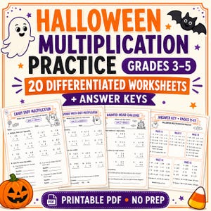 Op de afbeelding: Een set Halloween-vermenigvuldigingsoefenbladen voor groep 5-7, bestaande uit 20 gedifferentieerde werkbladen en antwoordsleutels. De documenten bevatten sommen met illustraties van spoken, vleermuizen, een pompoen en snoepjes.