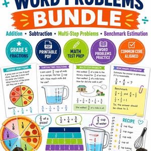 May include: Educational poster titled "Fraction Word Problems Bundle" with examples of addition, subtraction, and multi-step problems. Includes pizza diagrams, measuring cups, and recipe examples. Features children working on math problems.