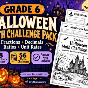 May include: A Grade 6 Halloween Math Challenge Pack featuring 8 activity pages, 56 math challenges, and answer keys. The printable PDF includes worksheets titled Witch's Recipe Challenge and Monster Mix Ratios with fractions, decimals, and unit rates.