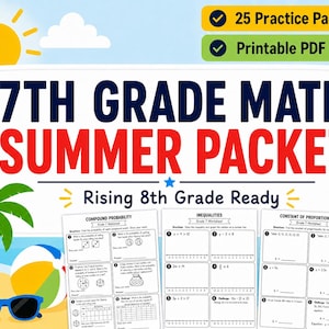 May include: A 7th Grade Math Summer Packet with 25 practice pages in a printable PDF format. The cover features a yellow sun, a palm tree, a beach ball, and blue sunglasses. The text reads 7TH GRADE MATH SUMMER PACKET and Rising 8th Grade Ready.