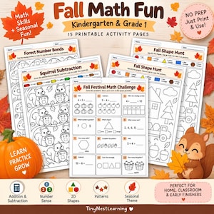 May include: A collection of 15 printable maths activity pages for kindergarten and grade 1, titled Fall Math Fun. The worksheets feature black and white illustrations of squirrels, acorns, and fall shapes, with maths problems including addition, subtraction, and number patterns.