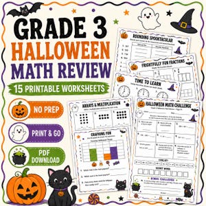 May include: A Grade 3 Halloween Math Review printable worksheet set featuring 15 pages. The cover displays the title, a black cat, a pumpkin, and a ghost. Included pages show math problems on rounding, fractions, time, multiplication, and graphing.