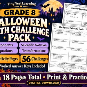 以下が含まれることがあります： 8年生向けのハロウィーン数学チャレンジパックのデジタルダウンロード。8ページのアクティビティ、56の課題、解答キーが含まれています。デザインにはカボチャ、コウモリ、お化け屋敷が描かれており、数学のワークシートが示されています。