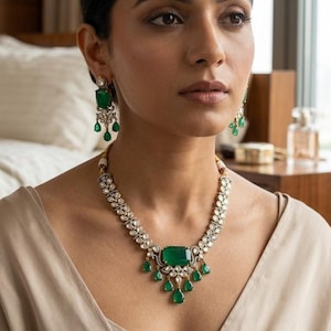 Conjunto de collar Kundan, gargantilla nupcial de esmeraldas y rubíes, joyería Polki india.