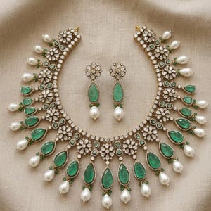Indian Bridal Choker Necklace Set | Emerald Green or Ruby Red CZ Polki Pearl Drops