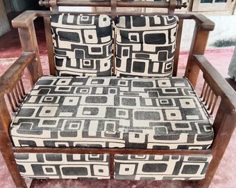 Vintage Style Upholstered Wooden Sofa | Handmade Lounge Bench | Geometric Pattern Furniture Decor