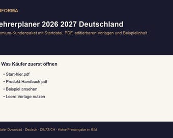 Teacher Planner 2026-2027 Germany | PDF Planner, Excel Tracker, Example and Blank Template