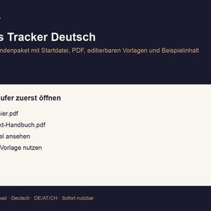 Puede incluir: Anuncio de producto digital con fondo azul oscuro y texto blanco. El texto dice "NUFORMA Fitness Tracker Deutsch". Debajo, enumera lo que los compradores abren primero: Start-hier.pdf, Produkt-Handbuch.pdf, Beispiel ansehen y Leere Vorlage nutzen.