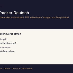 K&ouml;nnte beinhalten: Grafik zum digitalen Download mit dem Text "Baby Tracker Deutsch" und einer Liste von PDF-Dateien. Der Hintergrund ist dunkelblau mit einer cremefarbenen rechteckigen Box mit der Liste. Der Text "NUFORMA" steht oben.