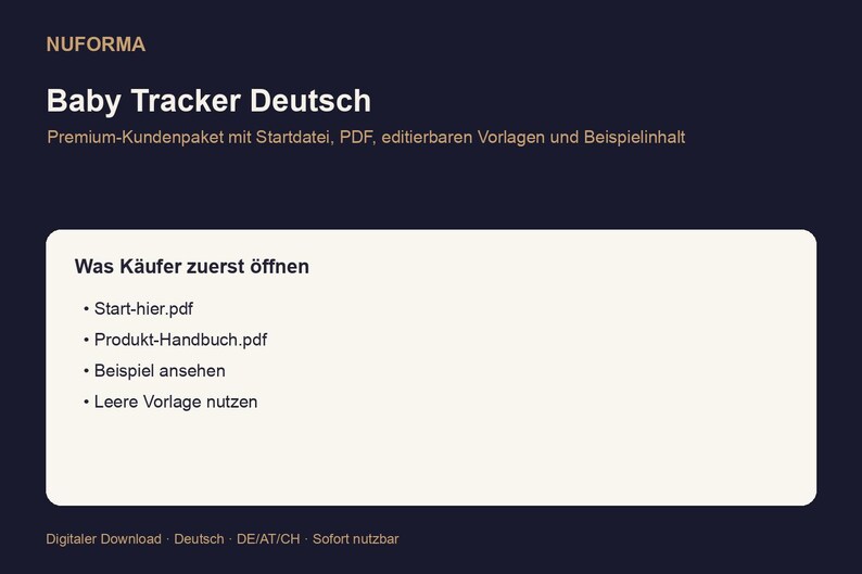 K&ouml;nnte beinhalten: Grafik zum digitalen Download mit dem Text "Baby Tracker Deutsch" und einer Liste von PDF-Dateien. Der Hintergrund ist dunkelblau mit einer cremefarbenen rechteckigen Box mit der Liste. Der Text "NUFORMA" steht oben.