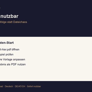 Puede incluir: Gr&aacute;fico de descarga digital con el texto "NUFORMA" en la parte superior. Se muestra el t&iacute;tulo "Sofort nutzbar", seguido de una descripci&oacute;n. Un rect&aacute;ngulo blanco contiene una lista numerada de pasos. El texto inferior indica una descarga digital.