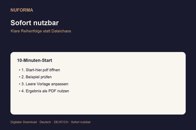 Puede incluir: Gr&aacute;fico de descarga digital con el texto "NUFORMA" en la parte superior. Se muestra el t&iacute;tulo "Sofort nutzbar", seguido de una descripci&oacute;n. Un rect&aacute;ngulo blanco contiene una lista numerada de pasos. El texto inferior indica una descarga digital.