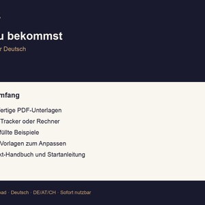 K&ouml;nnte beinhalten: Grafik f&uuml;r digitalen Download mit dem Text "NUFORMA" und "Was du bekommst" in Wei&szlig;. Das Bild listet die Inhalte eines Baby Tracker Deutsch auf, darunter PDF-Dokumente, XLSX-Tracker, ausgef&uuml;llte Beispiele, leere Vorlagen und ein Produkthandbuch.