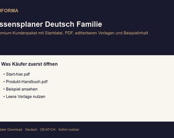 Meal planner for families in German | PDF planner, Excel tracker, example and blank template