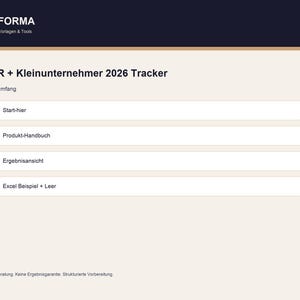 K&ouml;nnte beinhalten: Eine digitale Produktseite mit dem Text "NUFORMA" oben, gefolgt von "E&Uuml;R + Kleinunternehmer 2026 Tracker." Die Seite enth&auml;lt eine Liste von Optionen: "Start-hier," "Produkt-Handbuch," "Ergebnisansicht," und "Excel Beispiel + Leer."