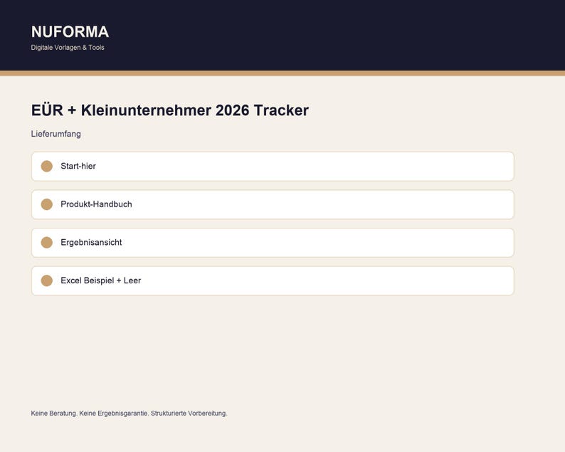 K&ouml;nnte beinhalten: Eine digitale Produktseite mit dem Text "NUFORMA" oben, gefolgt von "E&Uuml;R + Kleinunternehmer 2026 Tracker." Die Seite enth&auml;lt eine Liste von Optionen: "Start-hier," "Produkt-Handbuch," "Ergebnisansicht," und "Excel Beispiel + Leer."