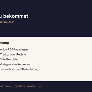 Puede incluir: Gr&aacute;fico de descarga digital con el texto "NUFORMA" en la parte superior, seguido de "Was du bekommst" y "Fitness Tracker Deutsch". Debajo hay una lista de elementos incluidos: documentos PDF, rastreador XLSX, ejemplos rellenados, plantillas en blanco y un manual del producto.