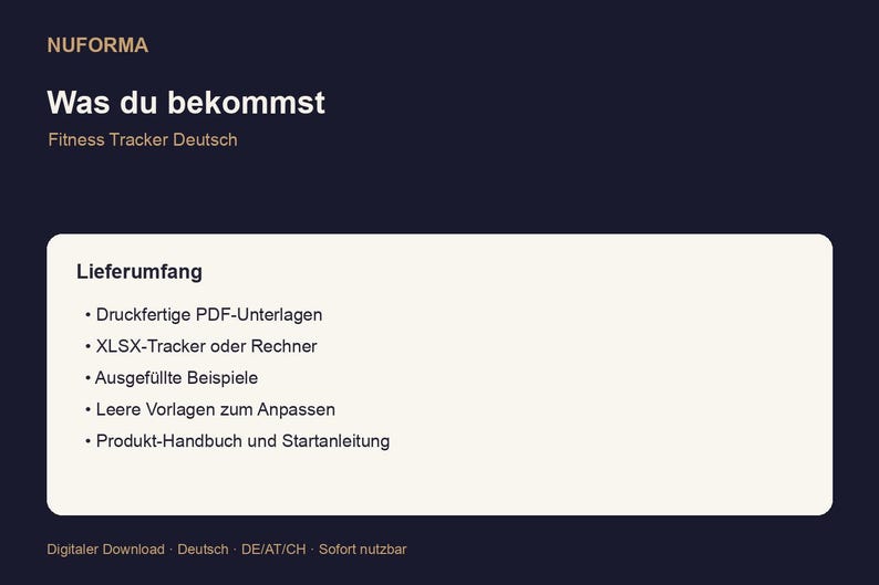 Puede incluir: Gr&aacute;fico de descarga digital con el texto "NUFORMA" en la parte superior, seguido de "Was du bekommst" y "Fitness Tracker Deutsch". Debajo hay una lista de elementos incluidos: documentos PDF, rastreador XLSX, ejemplos rellenados, plantillas en blanco y un manual del producto.