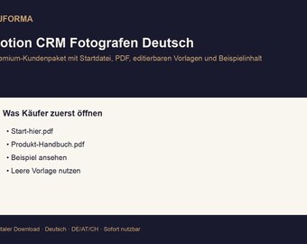 Notion CRM for Photographers (German) | Customer workflow, templates, checklists, PDF, DOCX, Excel