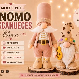 Può includere: Due figure di gnomi fatti a mano, una alta con un abito rosa e un cappello lungo, l'altra con un cappello maculato e con un biscotto. L'immagine include testo in spagnolo: "GNOMO CASCANUECES" e "Elvan".