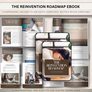 Könnte beinhalten: Ein digitales E-Book mit dem Titel "The Reinvention Roadmap" mit braunem Cover. Das Bild zeigt das E-Book auf einem Tablet und geöffnet auf einem Laptop, mit dem Text "A PROFESSIONAL AND EASY-TO-USE DIGITAL DOWNLOADS, MULTIPLE DEVICE COMPATIBLE".