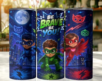 Adesivo per bicchiere termico PJ Masks, design per sublimazione con supereroi per bambini (download digitale)