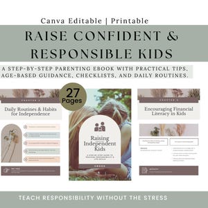 May include: A 27-page parenting ebook template titled Raise Confident & Responsible Kids. The document includes sections on daily routines, habits for independence, and financial literacy, featuring a soft color palette and arch-shaped design elements.