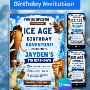 Puede incluir: Invitación de cumpleaños con temática de La Era de Hielo en azul y blanco con el texto "Birthday Invitation". La invitación presenta personajes de dibujos animados y detalles para una fiesta de 5 cumpleaños, incluyendo fecha, hora y lugar.