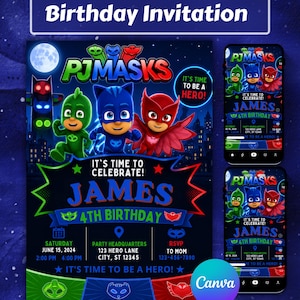 Puede incluir: Una invitación de cumpleaños digital con los personajes de PJ Masks. El diseño incluye el texto "Invitación de cumpleaños", "¡Es hora de celebrar!" y el nombre "James". La invitación también incluye la fecha, hora, lugar e información de RSVP.
